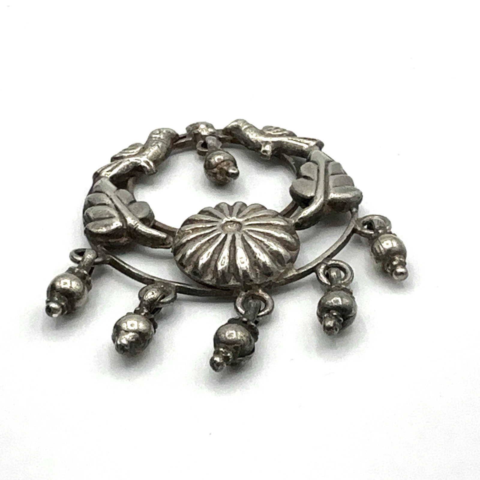 BIRD vintage pendant – sterling silver w/ leaves shield & dangles 2″ & 9 grams