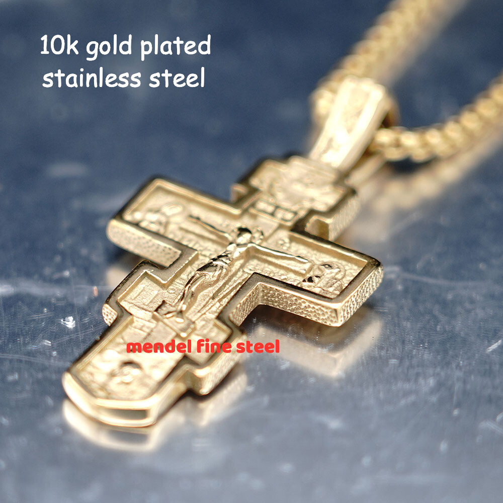 MENDEL Mens Gold Russian Orthodox Jesus Crucifix Cross Pendant Necklace For Men