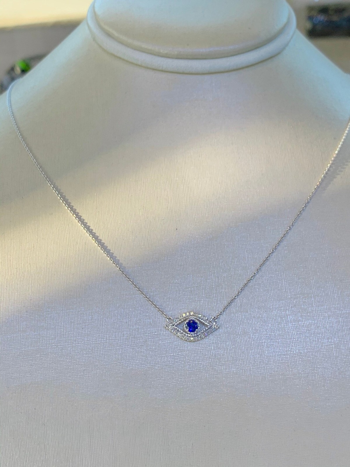 0.18Ct Round Cut Lab-Created Sapphire Evil Eye Pendant 14K White Gold Plated 18″