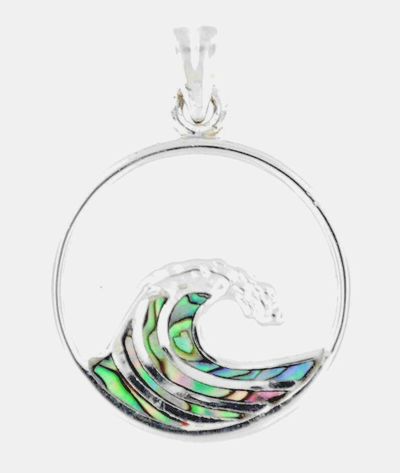23.5MM SOLID 925 SILVER INLAID PAUA ABALONE SHELLS HAWAIIAN OCEAN WAVE PENDANT
