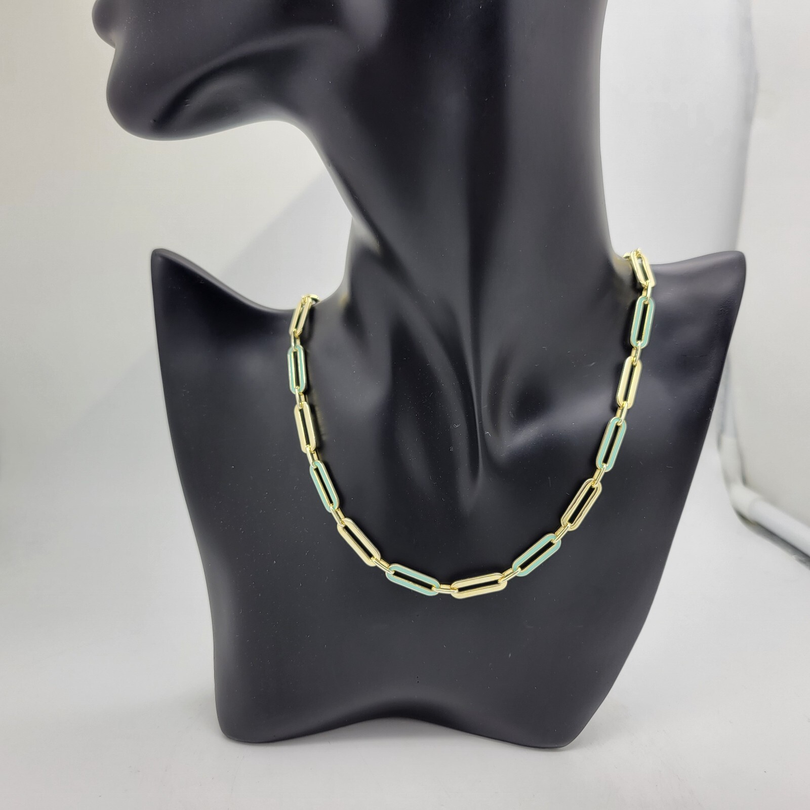 Adinas Jewels Sterling Silver Gold Tone Pastel Green Enamel Paper Clip Necklace