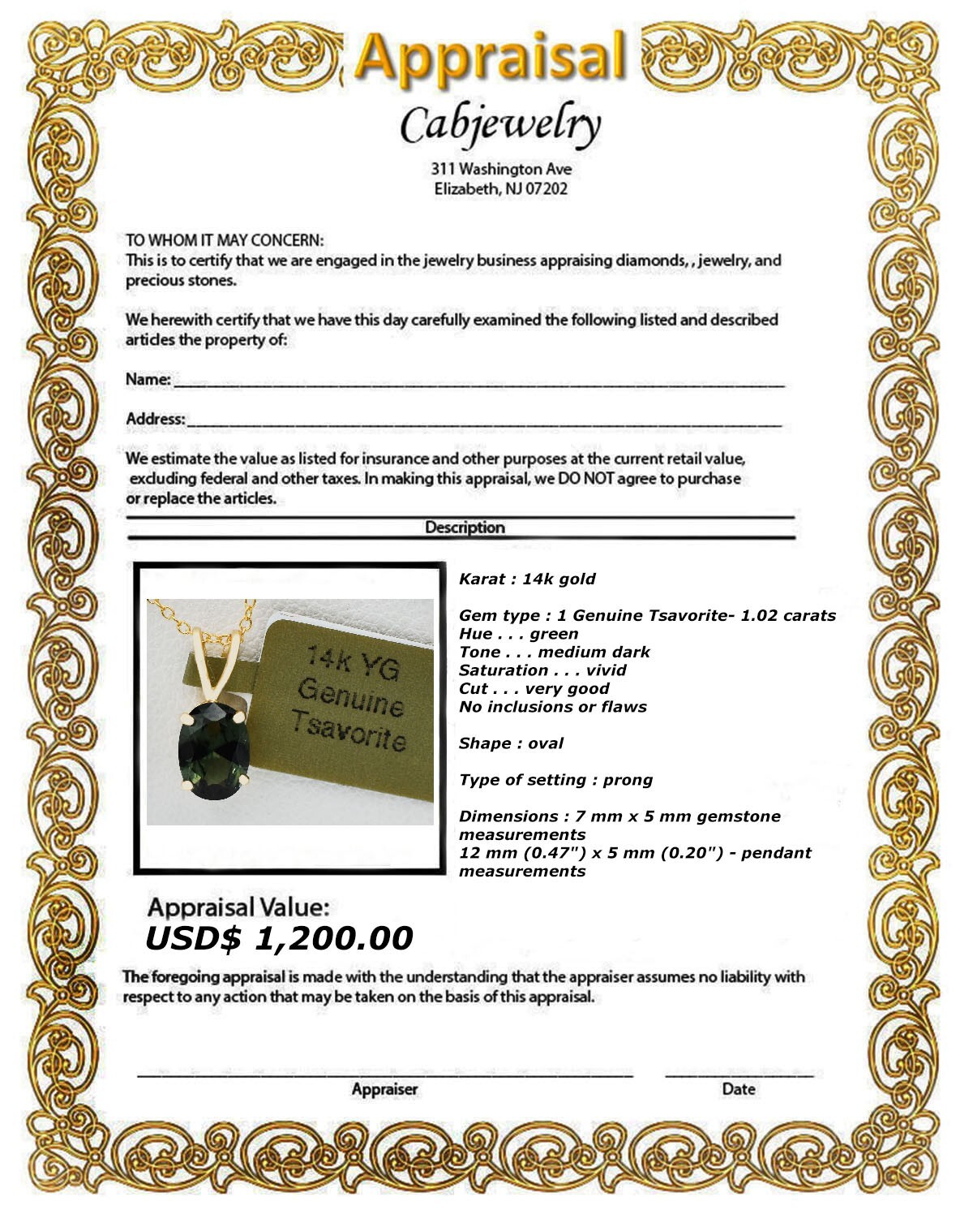 GENUINE 1.02 Cts TSAVORITE PENDANT SOLID 14k GOLD – Free Certificate Appraisal