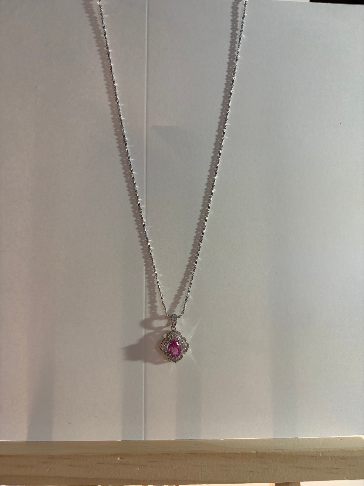 Lab Grown Pink Tourmaline SS Pendant on 18 inch SS Chain – Preowned, Excellent