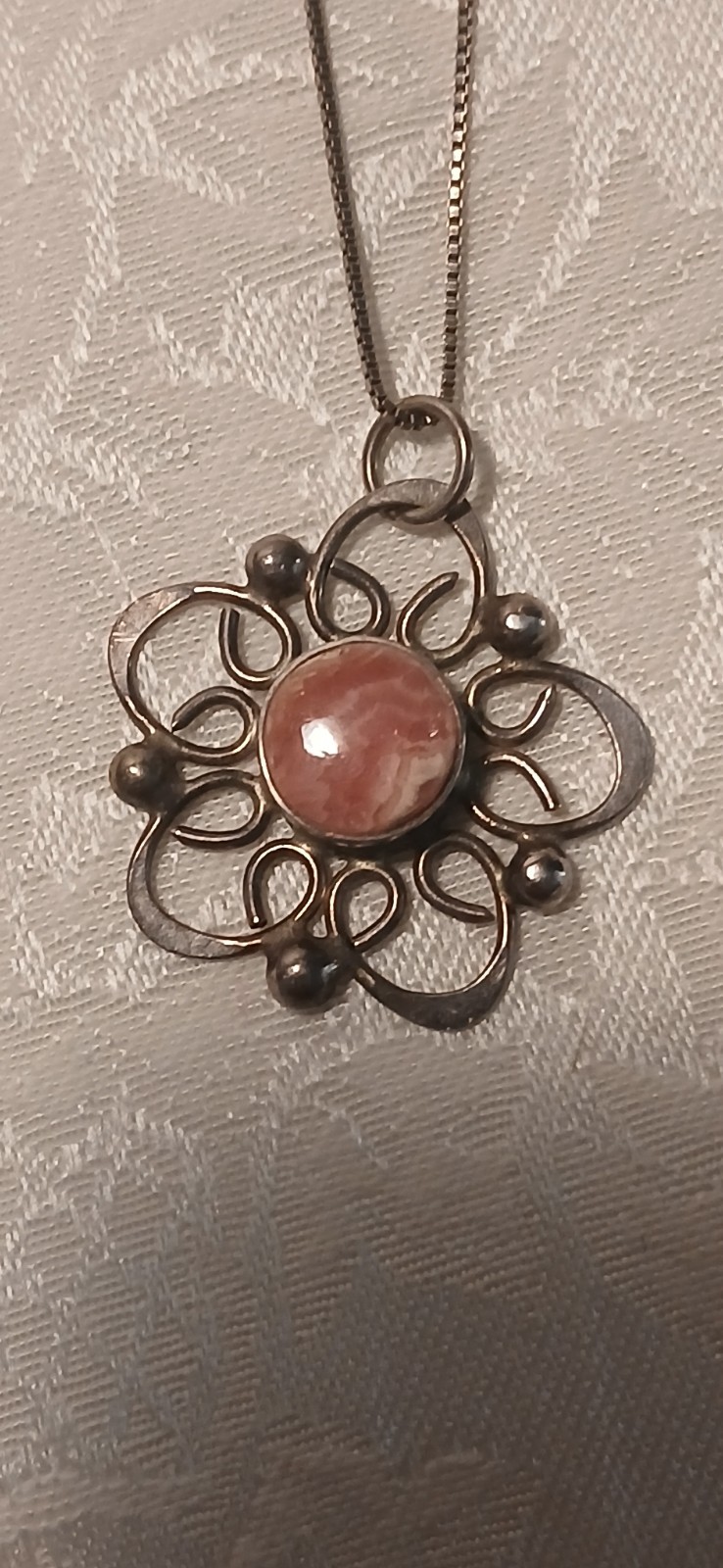 Vintage 925 Indo IBB Silver Coral Filigree Pendant, Chain, Floral, 925 Clasp