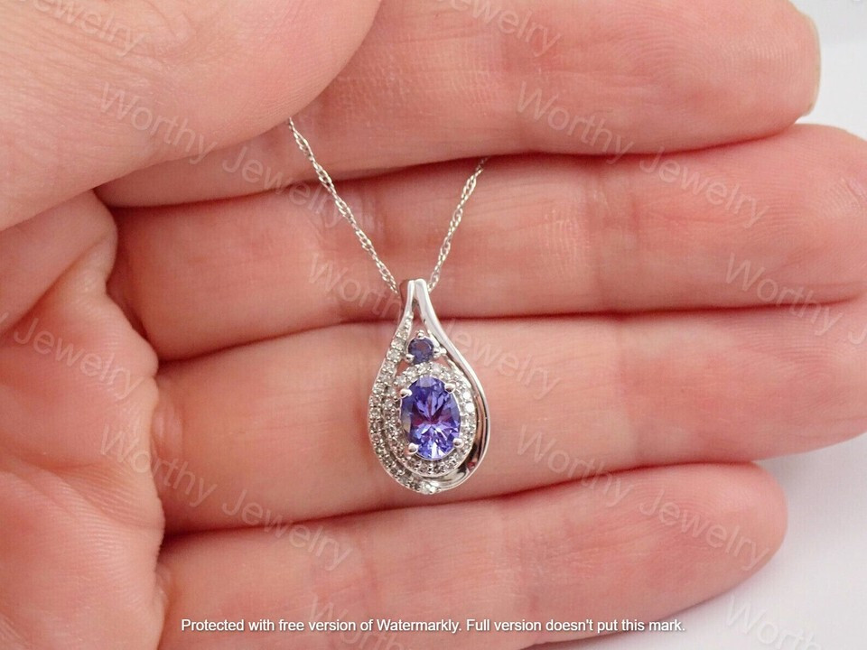 2.00Ct Oval Cut Lab Created Tanzanite Halo Pendant 14K White Gold Silver Plated