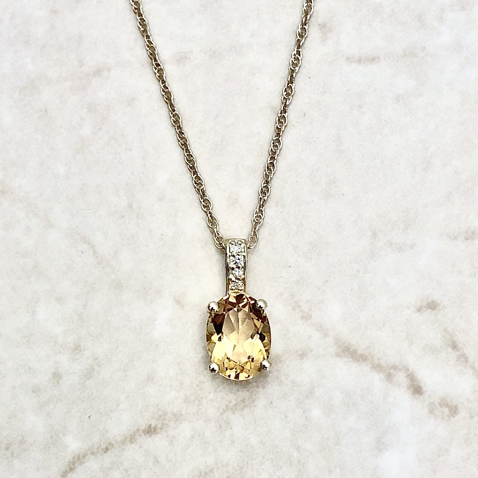 14K Diamond & Citrine Pendant Necklace – Solid 14K Yellow Gold Citrine Necklace