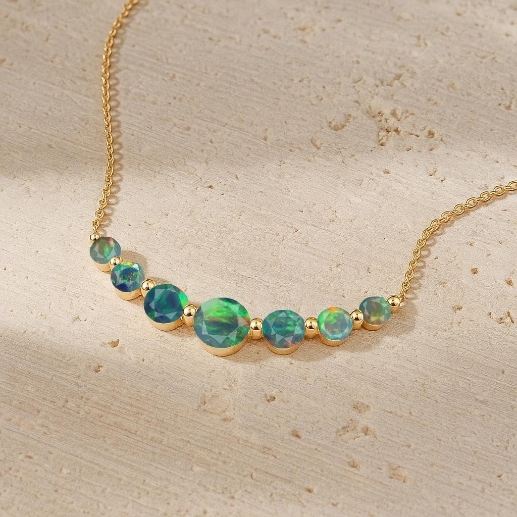 Fire Black Opal Seven Stone Bar Chain Necklace, Ethiopian Opal Gemstone Necklace