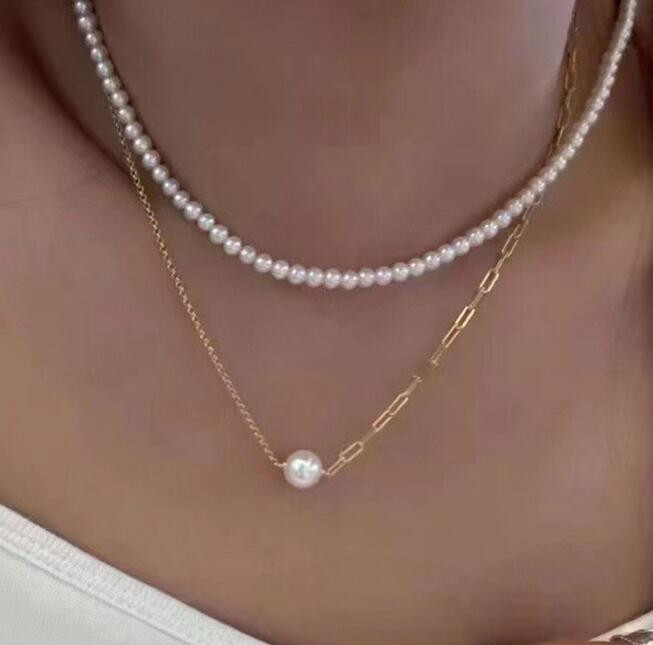 2 Strands Exotic Trendy AAA+ South Sea White Pearl Necklace 17″/43cm 14k Gold P