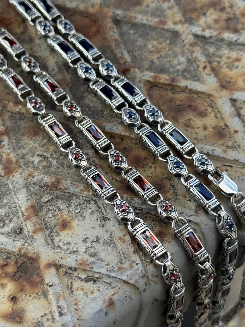 925 Solid Silver Men Ruby Hand-Engraved Necklace Byzantine Chain Necklace