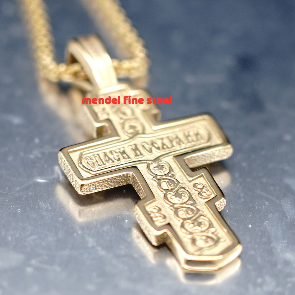MENDEL Mens Gold Russian Orthodox Jesus Crucifix Cross Pendant Necklace For Men