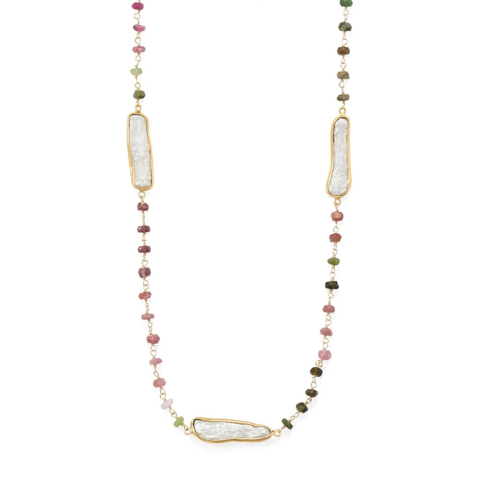 24″ 14 Karat Gold Plated Tourmaline and Cultured Freshwater Pearl Necklace