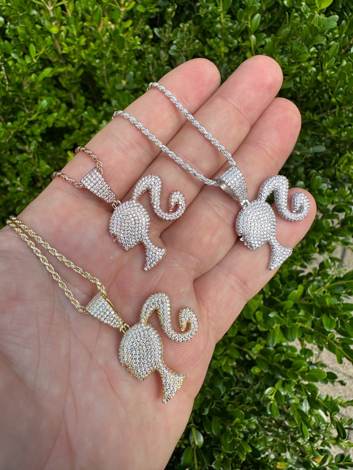 Real MOISSANITE 925 Silver Barbie Doll Pendant Necklace 14k Gold Plated Iced
