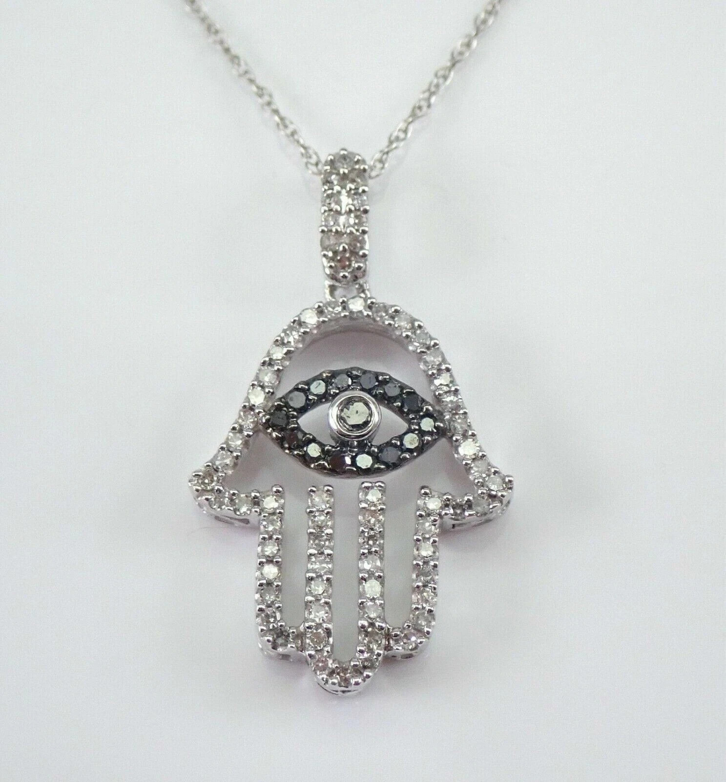 1.50Ct Round Cut Black Diamond Hamsa Pendant 14K White Gold Finish Free Chain