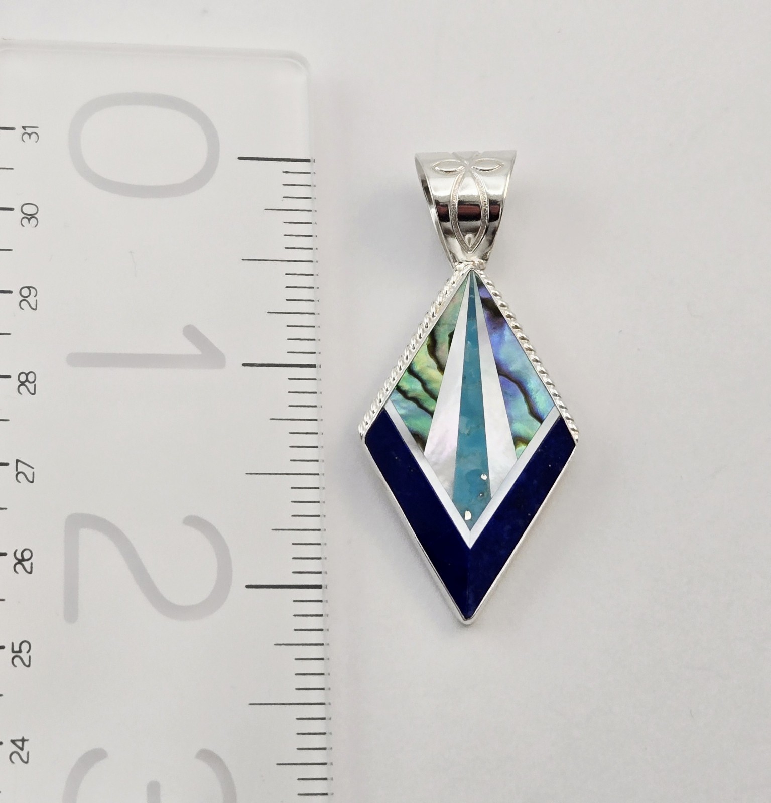 VTG Jay King Style Sterling Silver Abalone Lapis Mosaic Inlay Diamond Pendant 10
