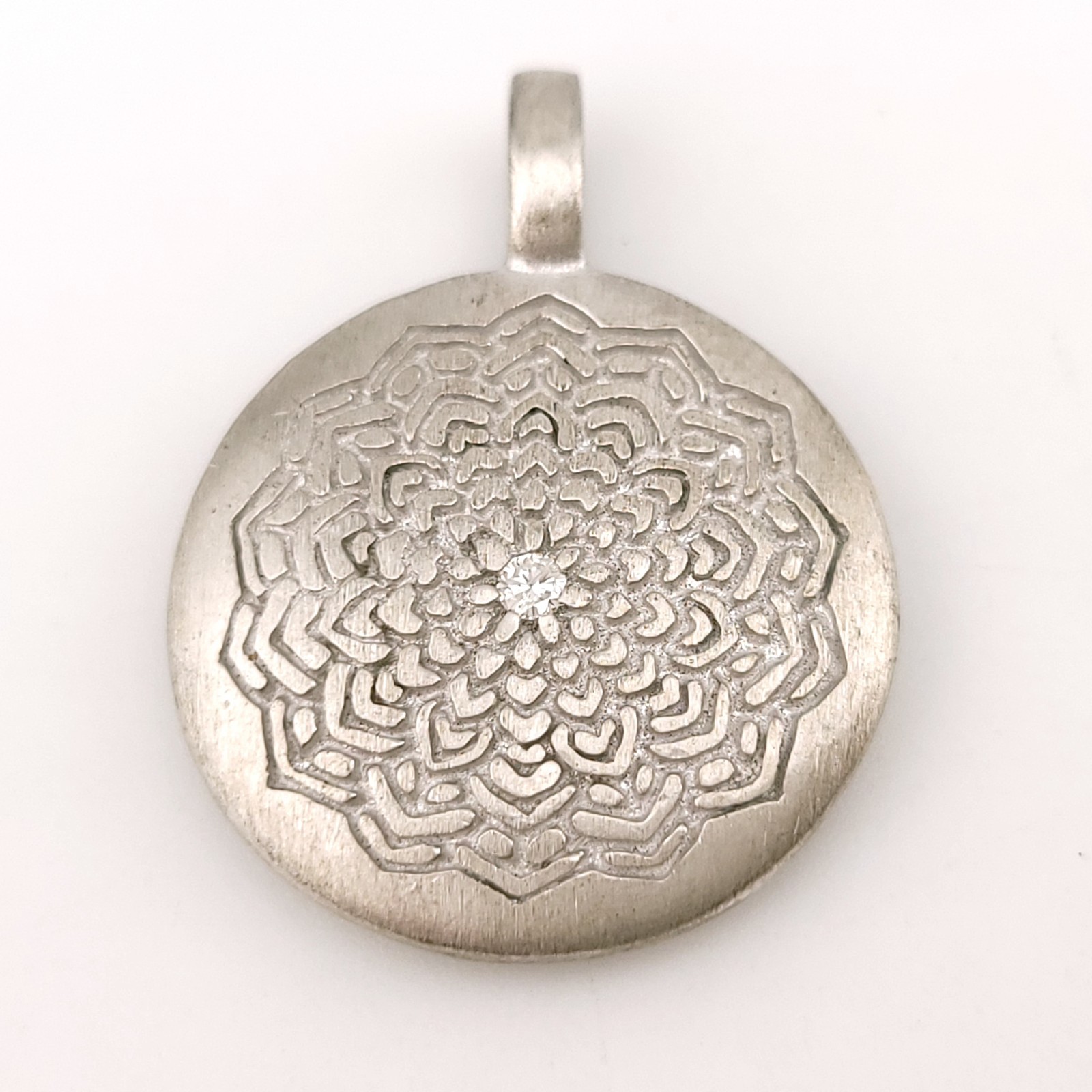 La Soula Sterling Silver Satin Mandala Diamond “Awakening” Round Pendant