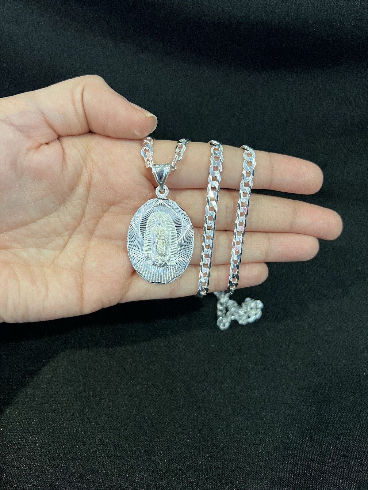 925 Sterling Silver Womens Virgin Mary Virgen Maria Medal & Curb Chain 20 26 30