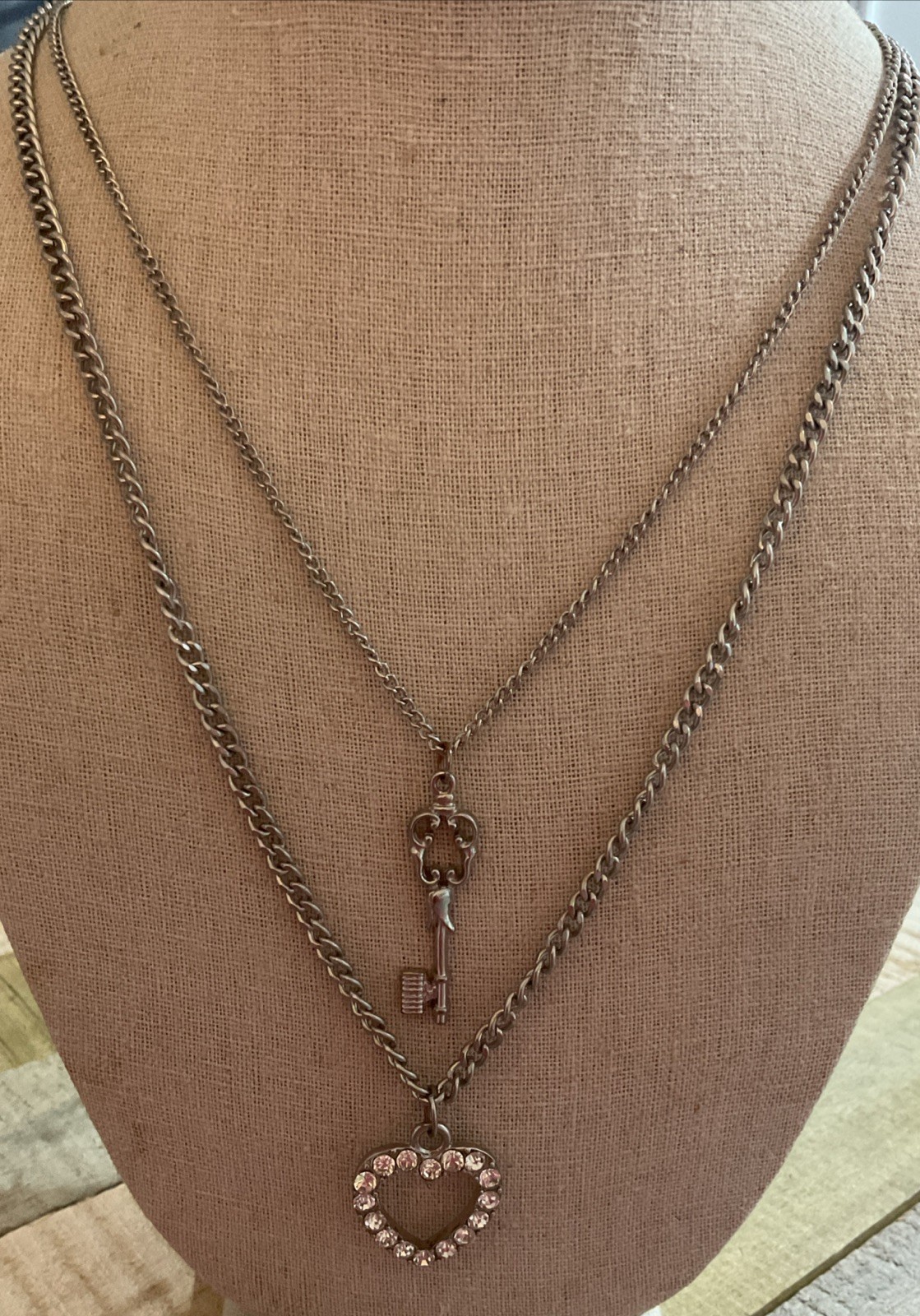 Silver Tone Key and Heart Layered Necklace 16” Long With Ext