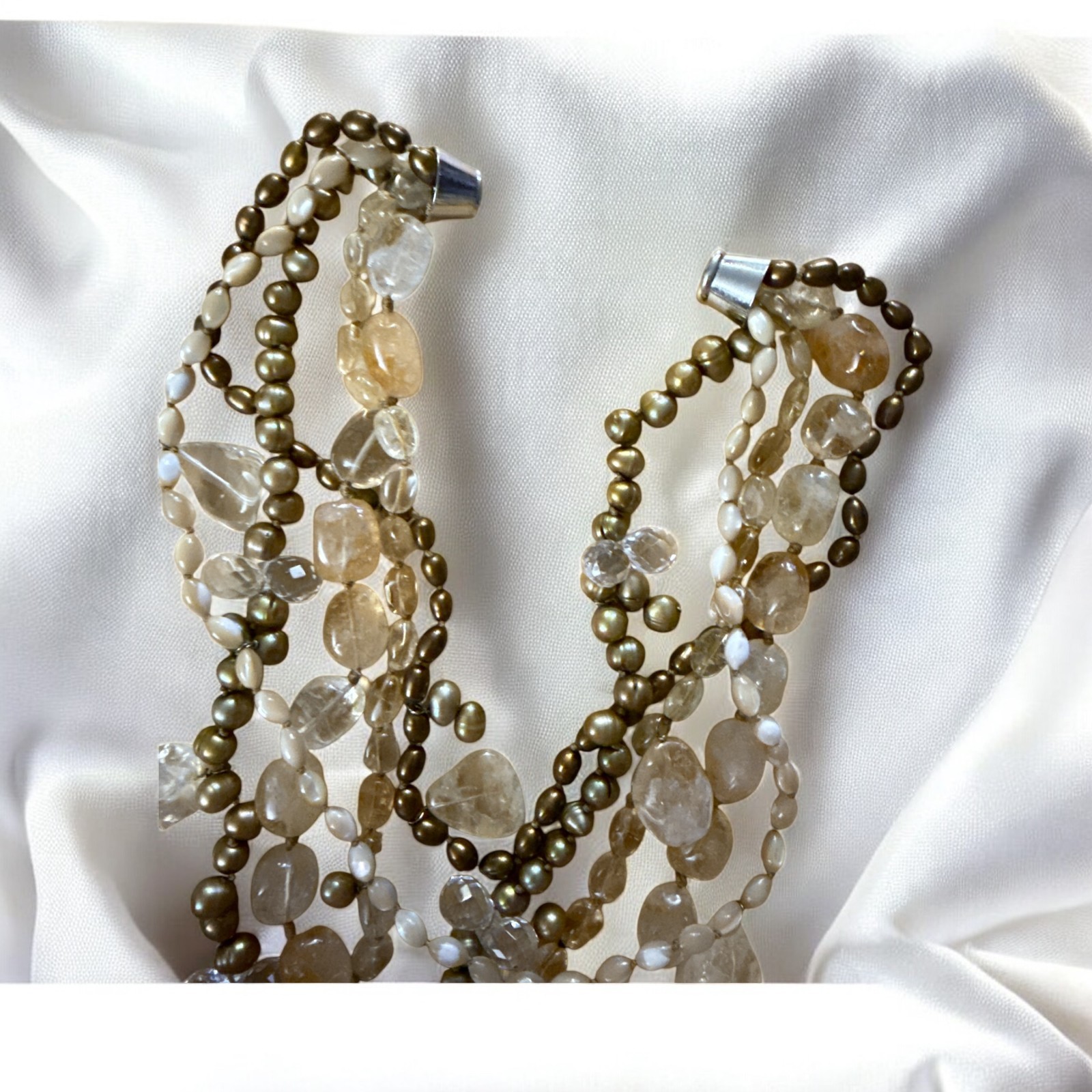 Pretty Citrine Quartz Bronze Pearl Necklace Layered Design Statement Necklace