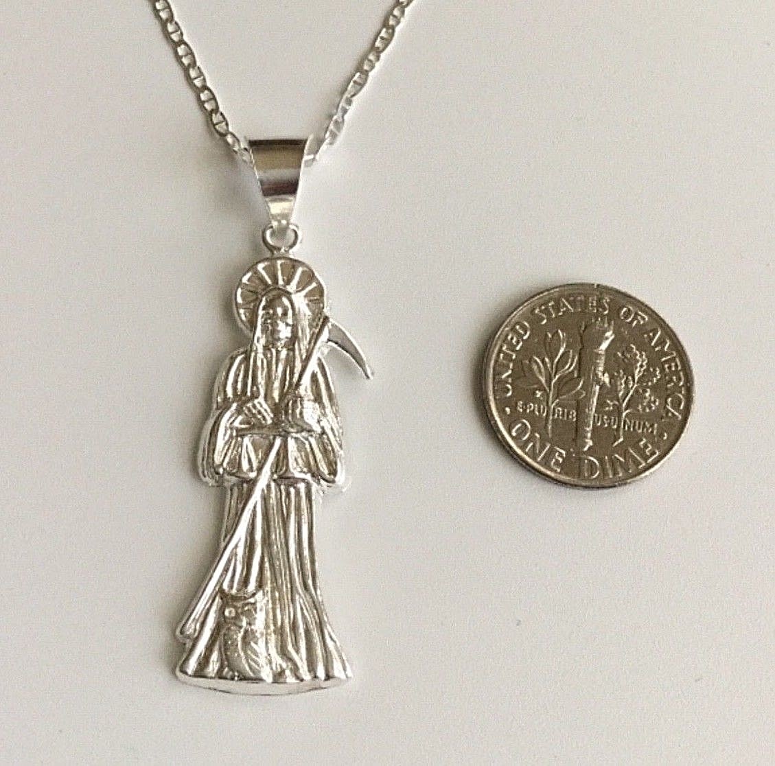 925 PLATA CADENA DE LA SANTA MUERTE 18″ LARGO/GRIM REAPER NECKLACE 18” 45x14mm