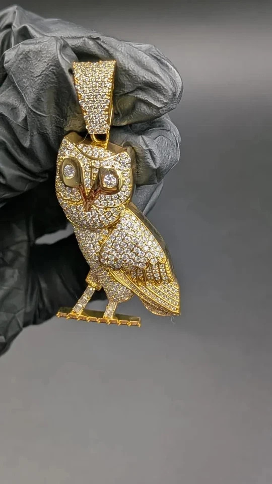 14K White Gold Plated 925 Silver Moissanite Hip Hop Owl Pendant Charm 2.00Ct