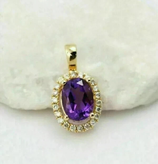 2.50 Ct Oval Cut Amethyst Diamond Halo Pendant 14K Yellow Gold Finish Free Chain