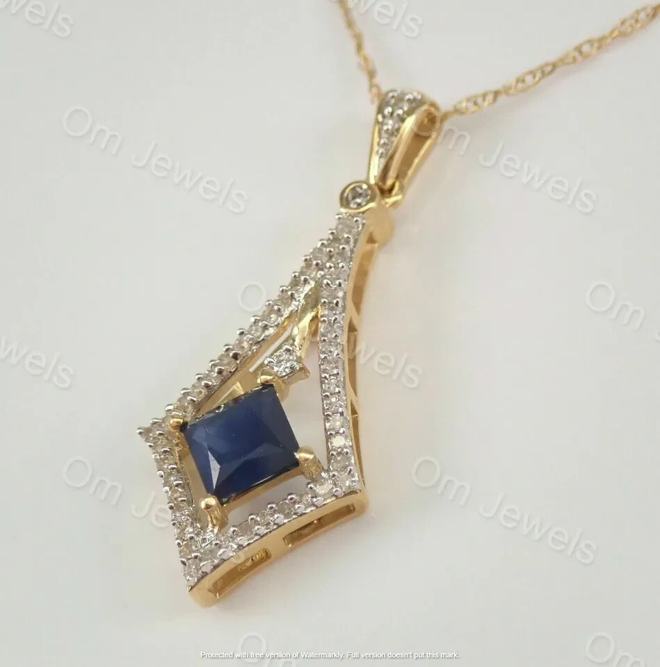 1Ct Princess Sapphire & Diamond Necklace Pendant 14K Yellow Gold Over Chain