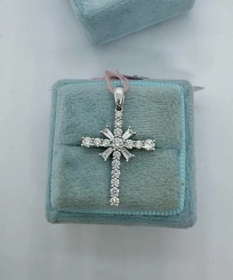 1.10Ct Round Cut Real Moissanite Women’s Cross Pendant 14K White Gold Plated