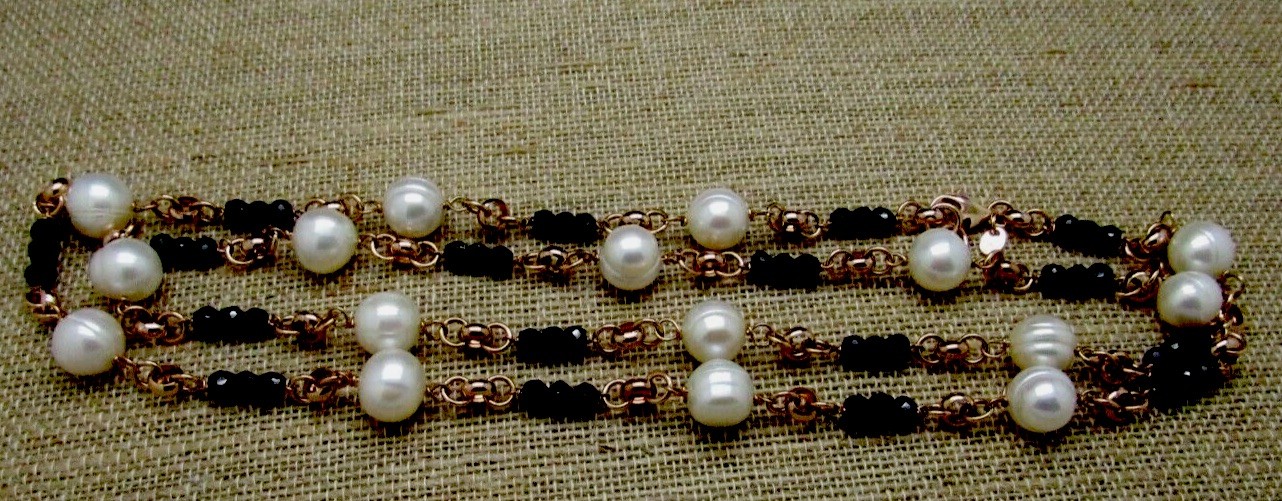 HONORA WHITE PEARL & BLACK BEAD NECKLACE BRONZE MILOR ITALY NEW IN BOX