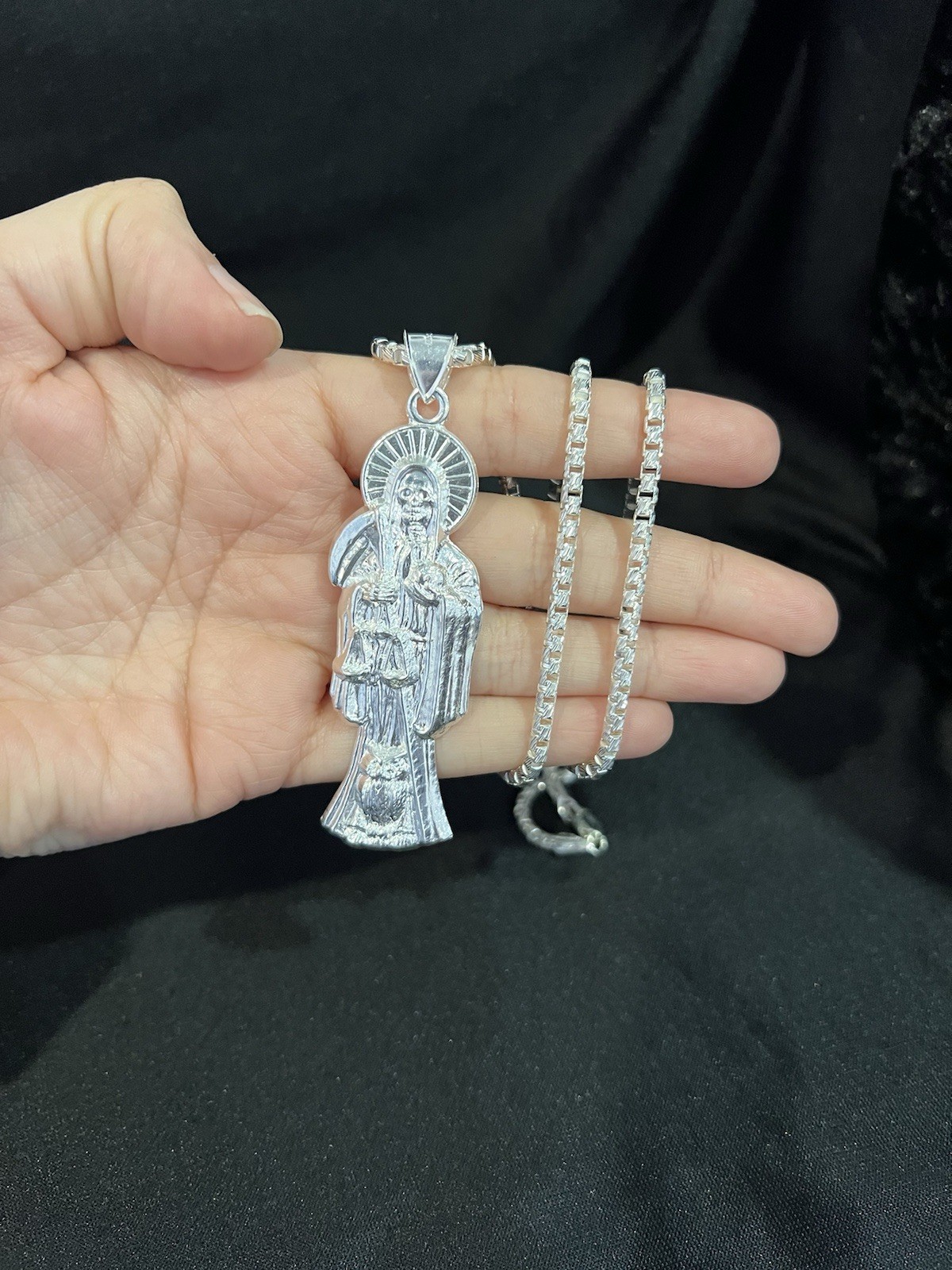 925 Sterling Silver Men Women Santa Muerte Big Grim Reaper & Box Chain 22 26 30