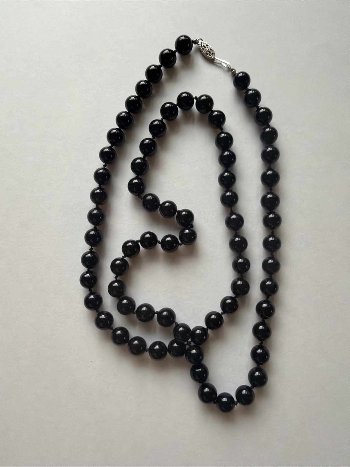 24” Classic hand knotted Round Black Onyx Beaded Necklace Timeless Elegance