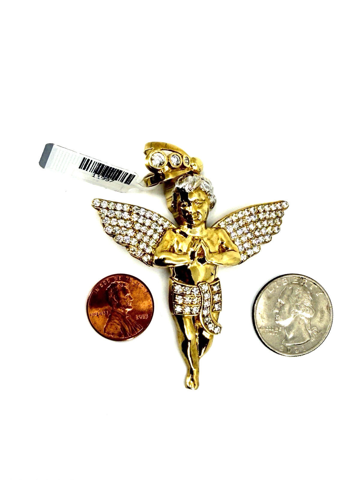10K Solid Yellow Gold Iced Guardian Praying Angel Pendant CZ Italy