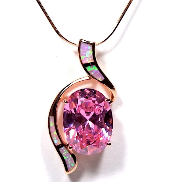18k Rose Gold Plated 925 Silver Pink Fire Opal & Topaz Pendant Necklace 18”