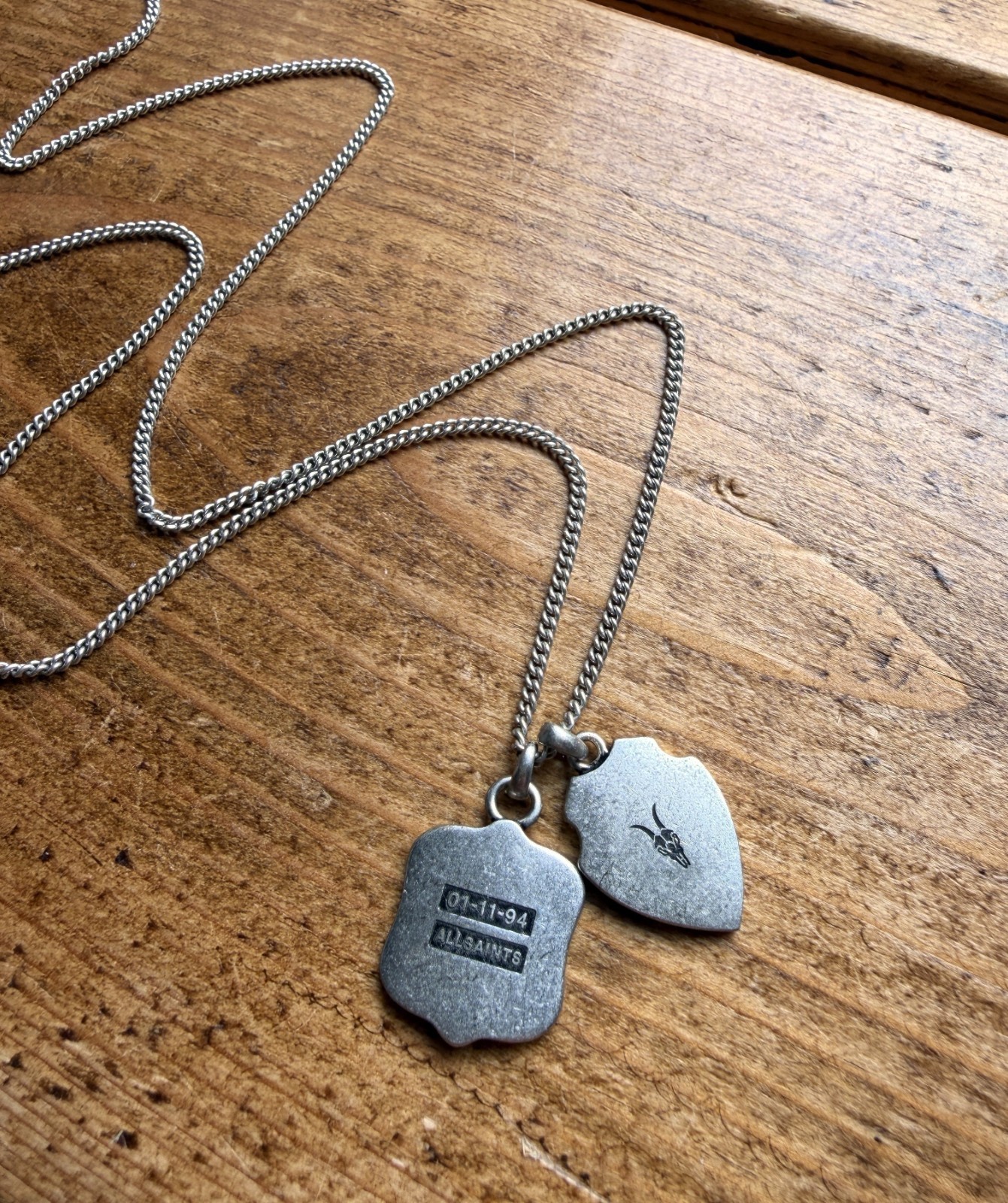AllSaints SHIELD 925 Silver Necklace Sterling Charm Pendant Unisex Ladies Mens