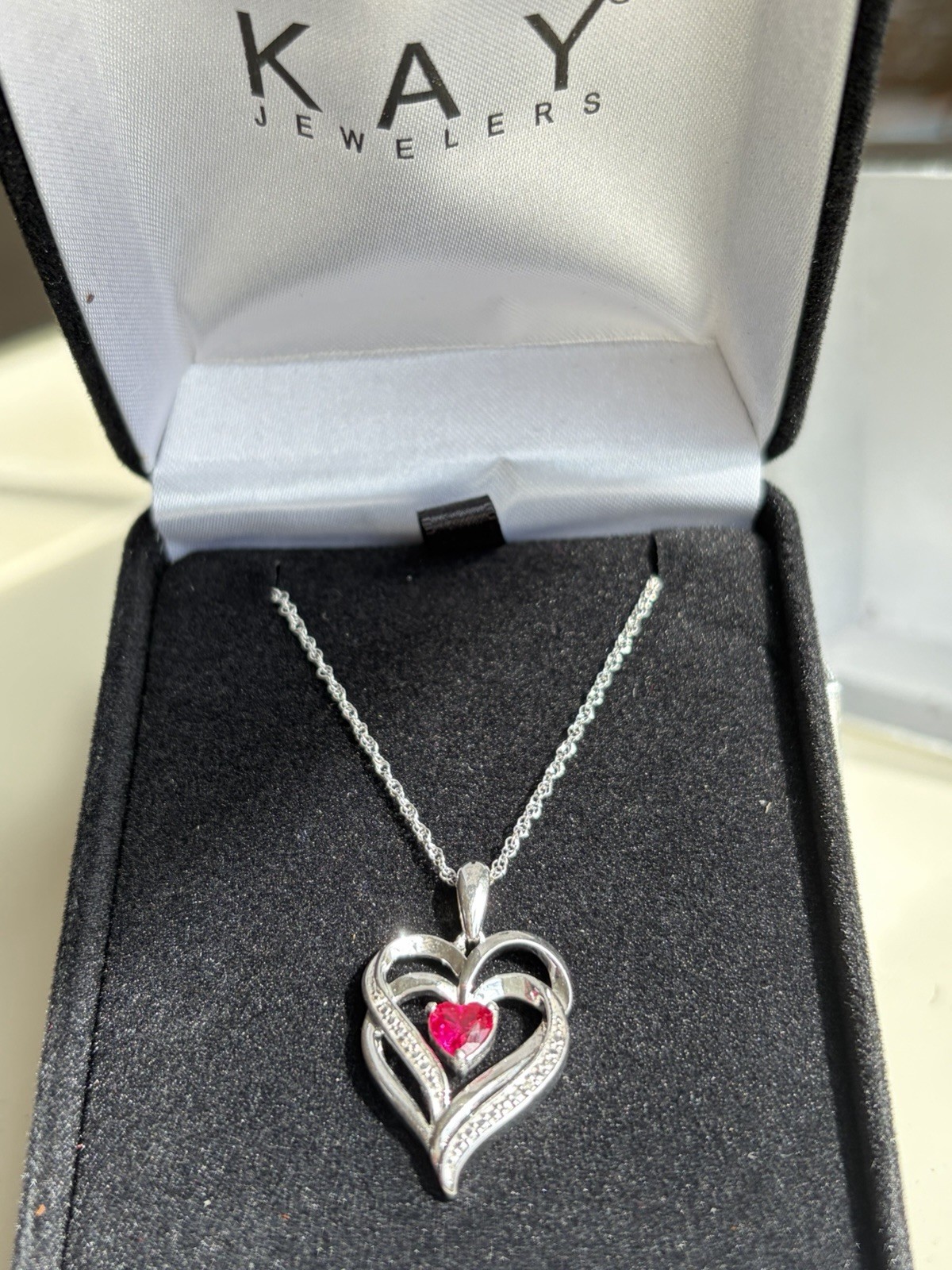 Diamond & Ruby Sterling Silver Heart Pink Stone Pendant Necklace Kay retail $200