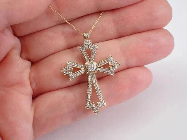 3CT Round Cut Lab Created Diamond Cross Pendant 14K Yellow Gold Plated Chain