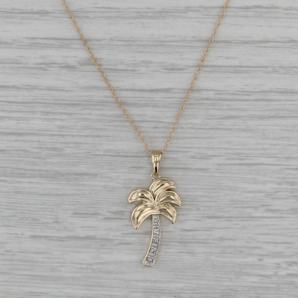 Diamond Palm Tree Pendant Necklace 14k Yellow Gold 18.25″ Rope Chain