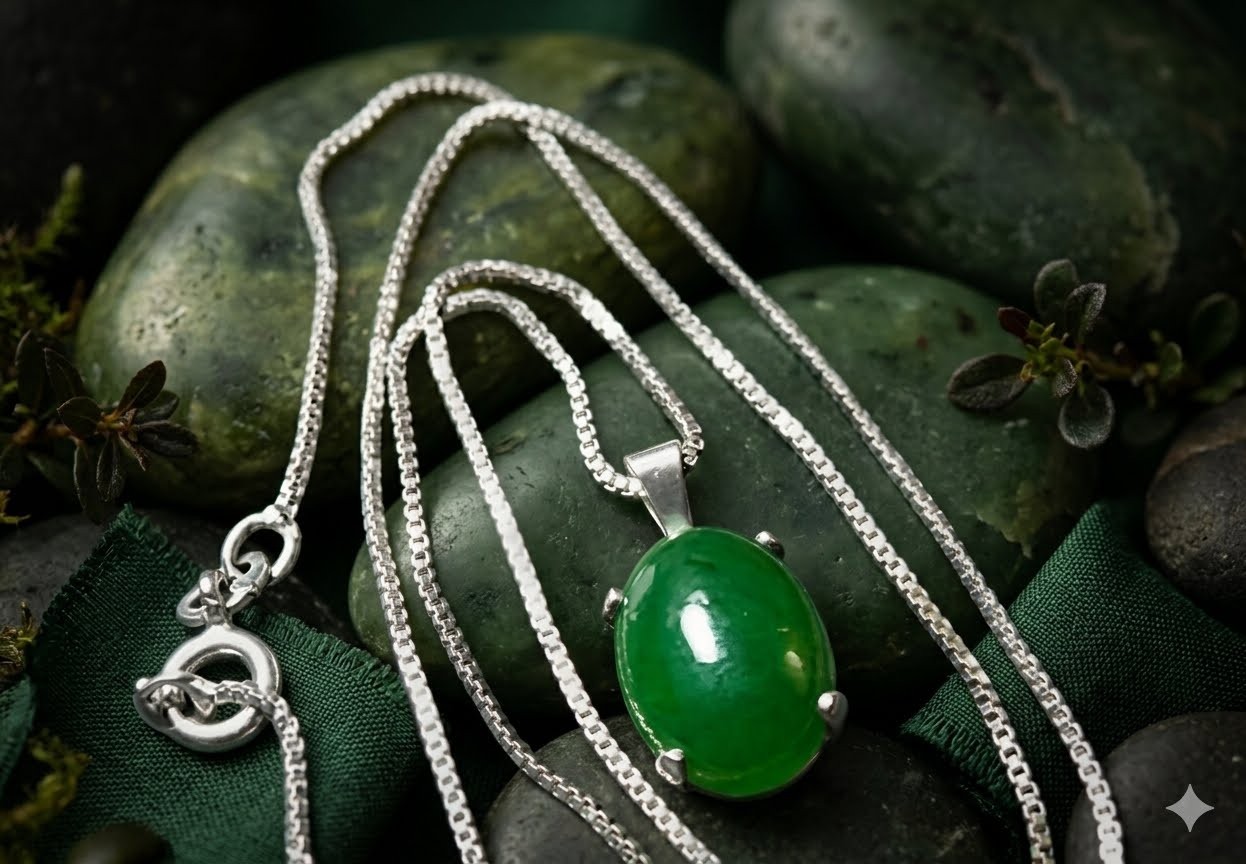 Vintage Nephrite Jade and Sterling Silver Oval Pendant & Chain. both stamped 925