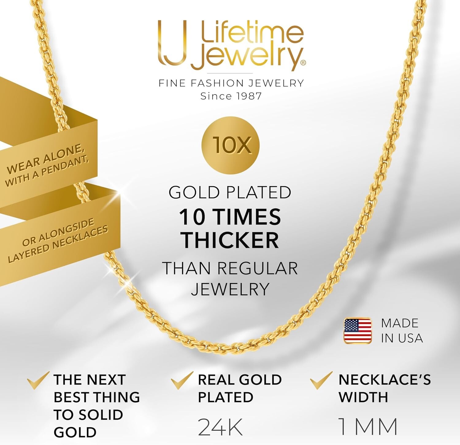 1mm 24k Gold Rope Chain Necklace – Luxurious & Durable Jewelry for All Occasions