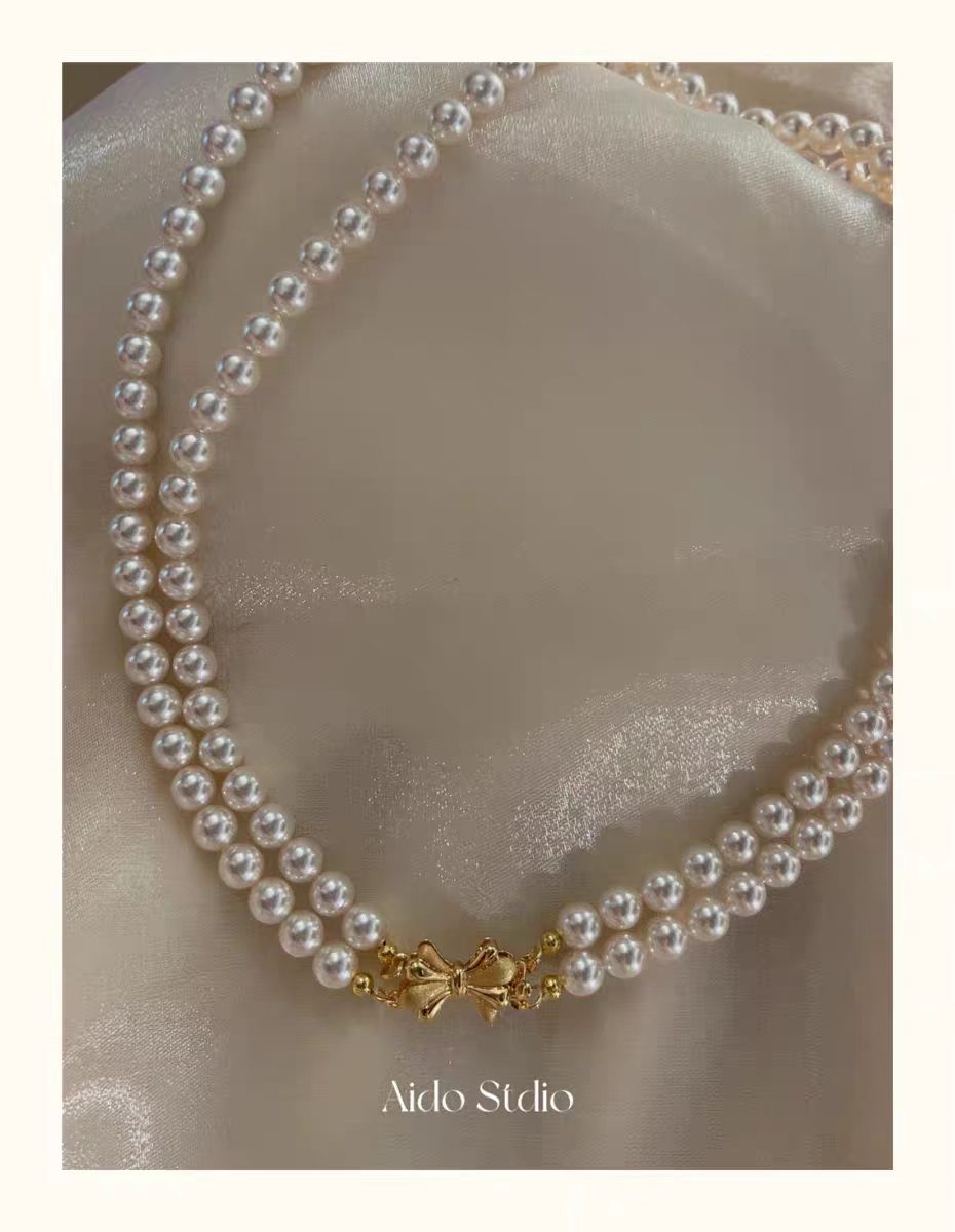 Double stranded AAA 6mm natural akoya white pearl necklace 40CM18K gold buckle