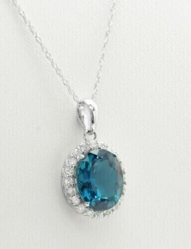 3Ct Oval Cut Lab Created London Blue Topaz Halo Pendant 14K White Gold Plated