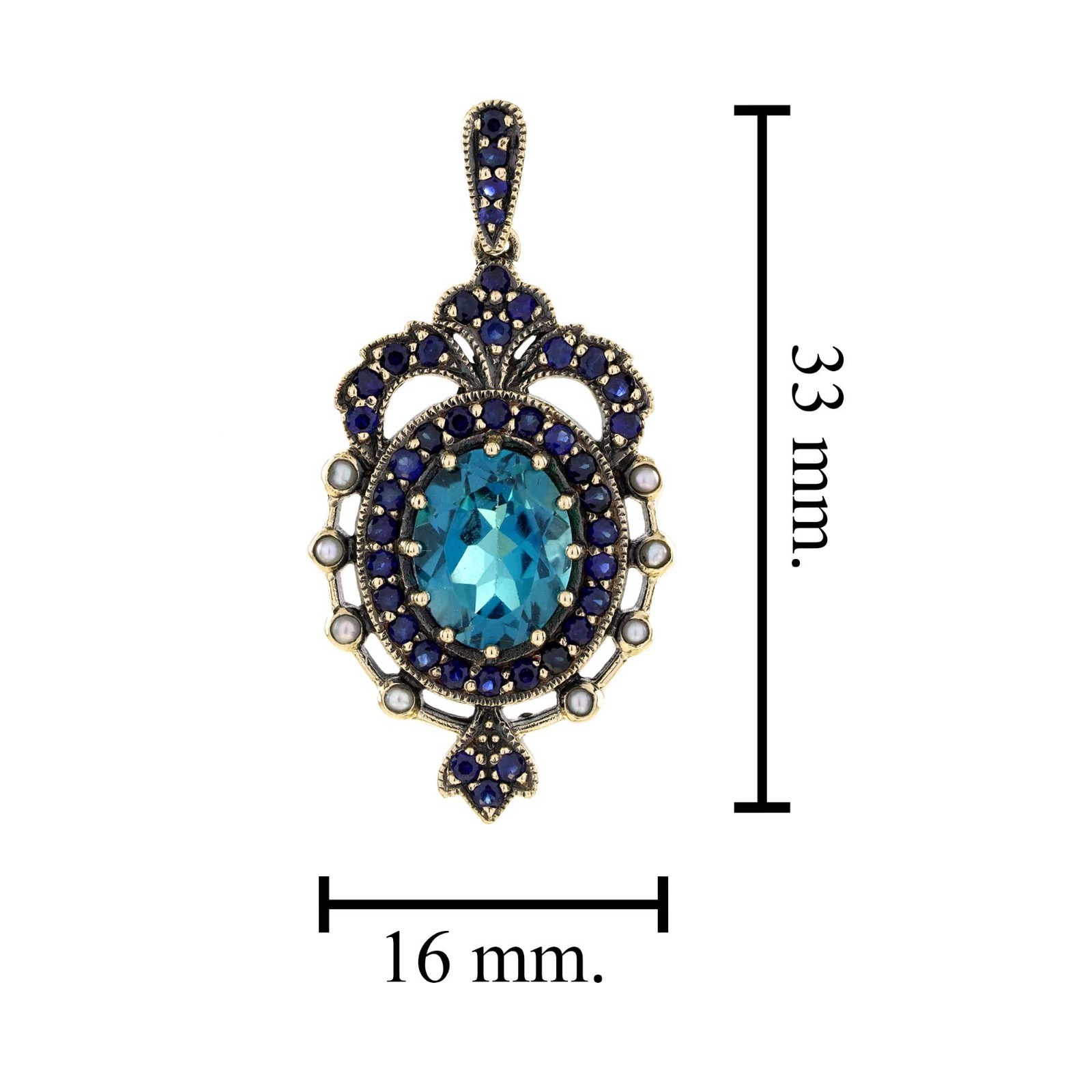 9K Gold Blue Topaz Sapphire Pearl Crown Pendant Vintage Style Pendant Necklace