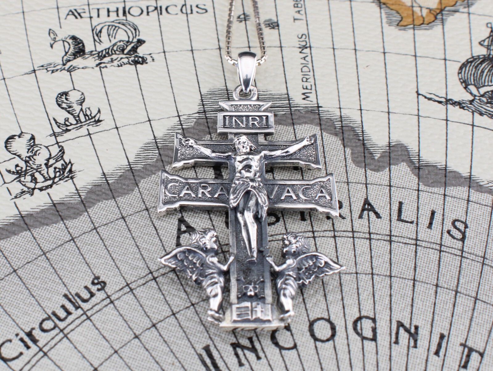 925 Sterling Silver Caravaca Crucifix with Angels Necklace
