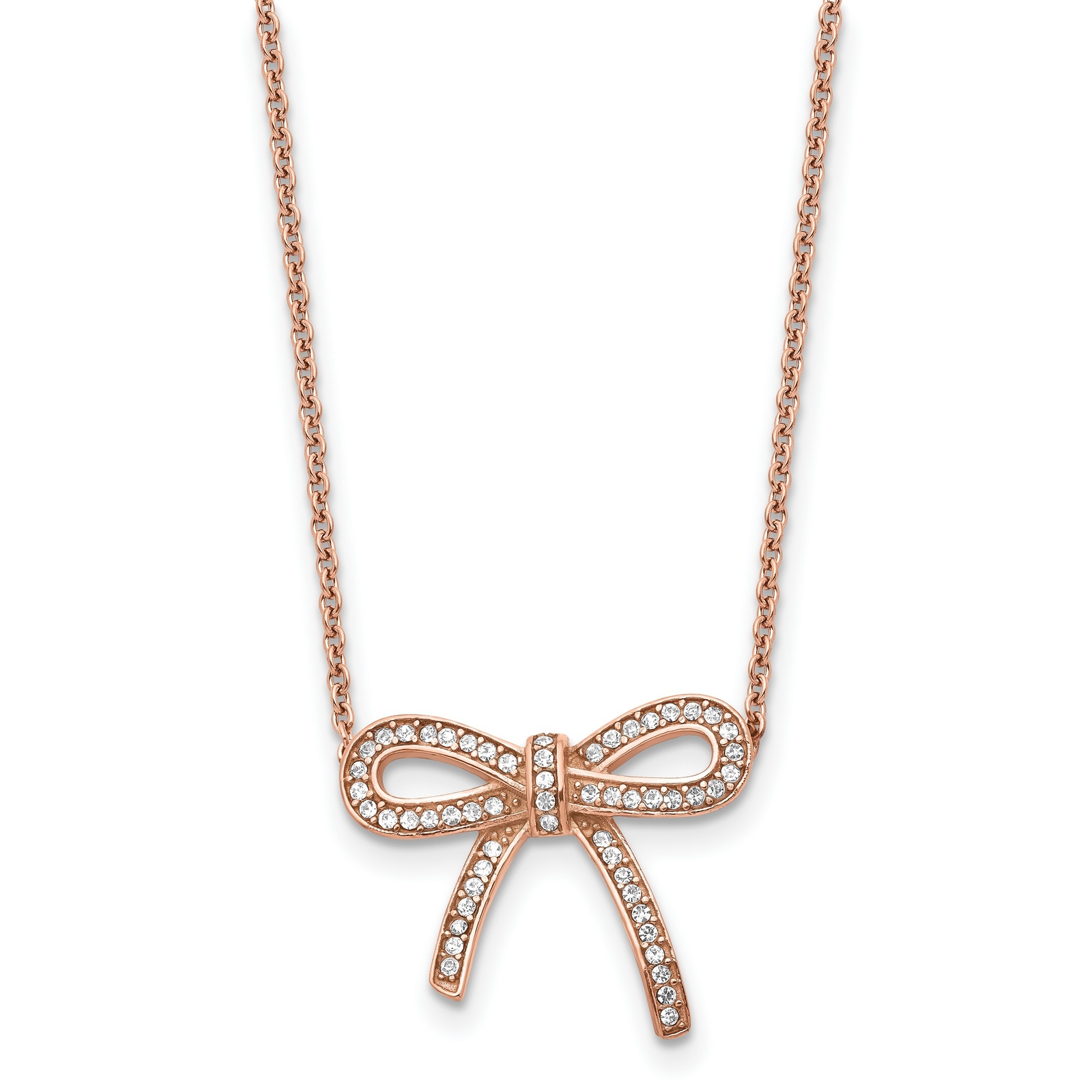Stainless Steel Crystal Polished Pink IP Plated Bow Necklace