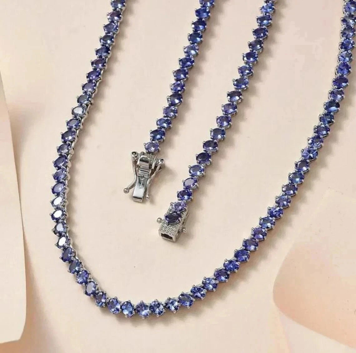 20TCW Round Cut Lab Created Tanzanite Tennis Necklace 14k White Gold Plated