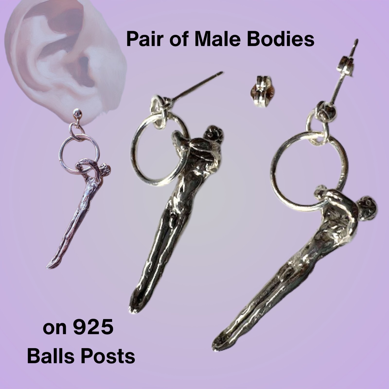 Pair of Male Bodies 925 Ear Rings on silver ball posts LGBT signed JKL 632
