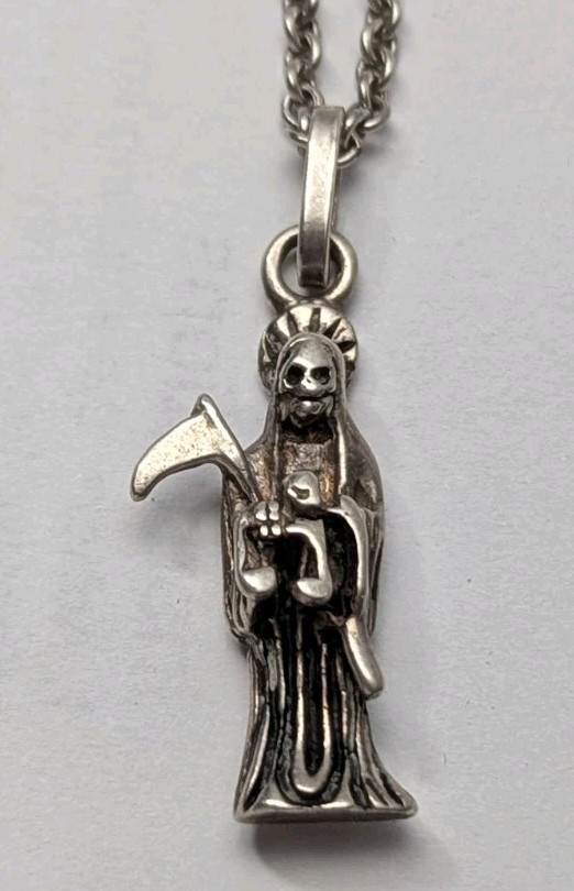 Sterling Silver Santa Muerte / Grim Reaper Pendant on Necklace Masrked “Avery”
