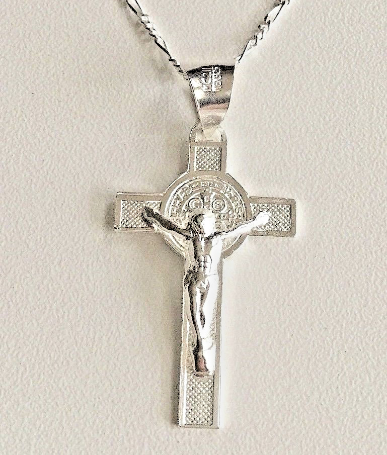 925 Sterling Silver San Benito Saint Benedict Cross Pendant Necklace – 36mm
