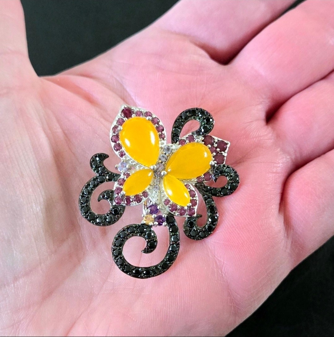 🦋BIG HONEY JADE, TANZANITE ++ 925 STERLING MULTI GEM BUTTERFLY ENHANCER PENDANT