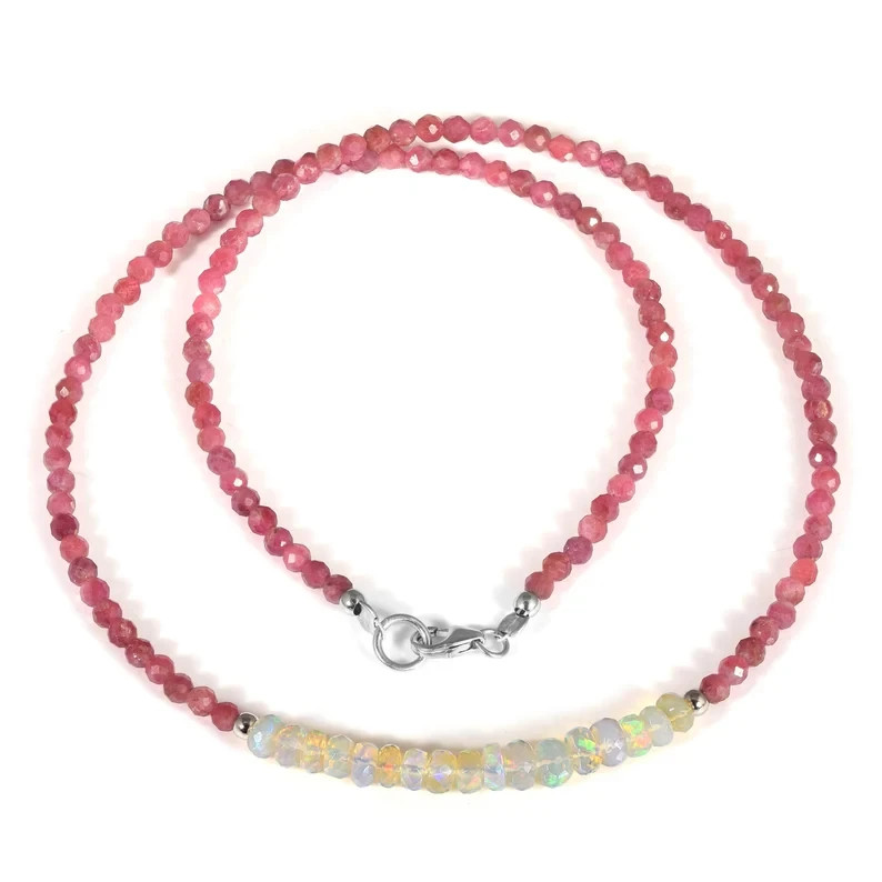 Natural Welo Fire Opal Pink Tourmaline Beaded Necklace 925 Silver 18 in Handmade
