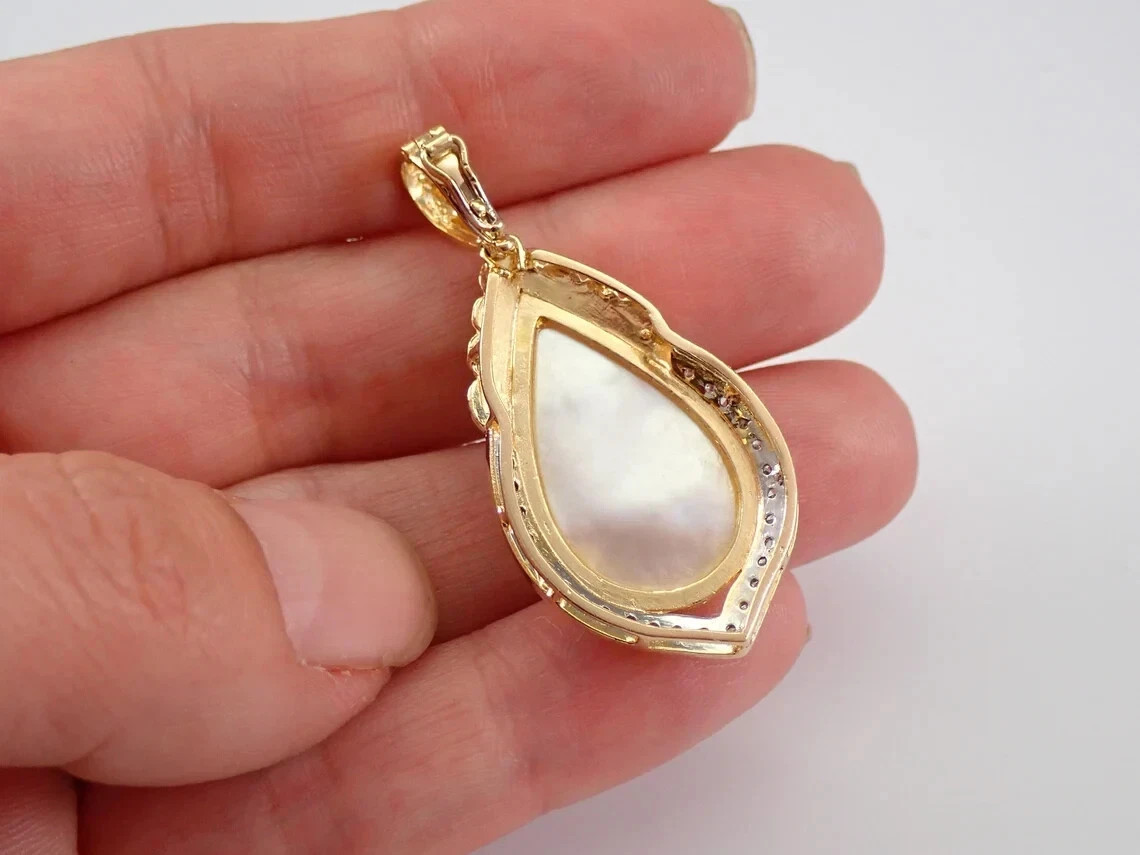 Vintage 14K Yellow Gold Plated Pearl and Moissanite Enhancer Pendant Free Chain